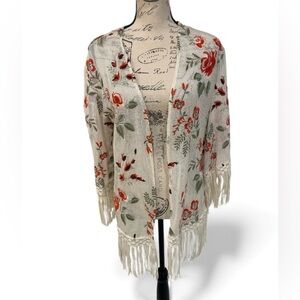 Reba Floral Embroidered Kokomo Cardigan with Fringe Boho Open Knit Topper Small
